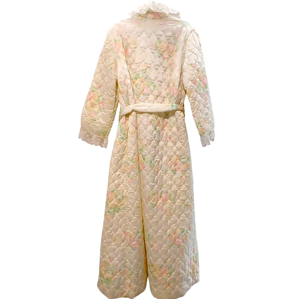 Vintage Barbizon Quilted Ruffled Belted Fancy Floral Maxi Robe Womens Medium - Picture 2 of 5